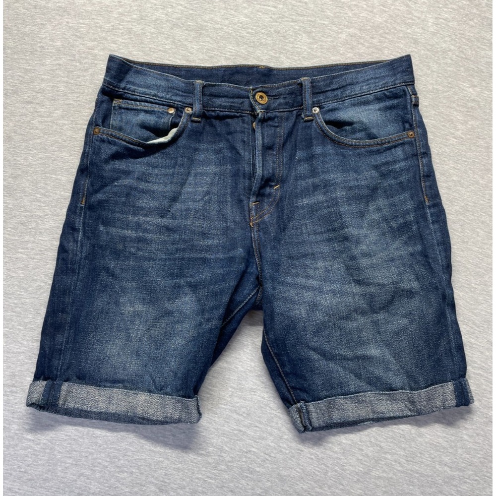 H&M Straight Fit Bermuda Shorts Mens 32 Blue Denim High Rise Rolled Cuffed Hem